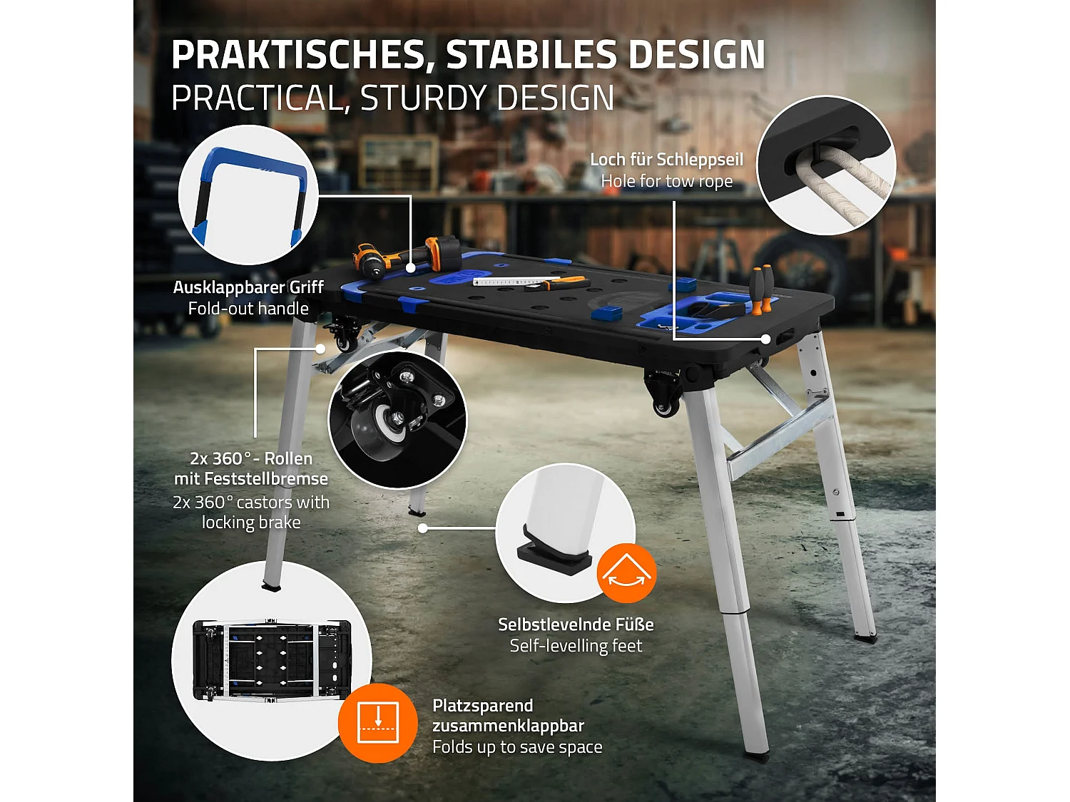 Établi pliable table de travail serrage chariot d'atelier portable réglable 7en1