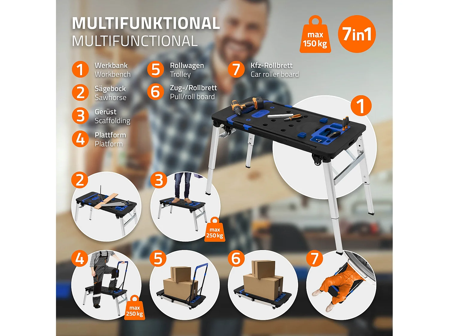 Établi pliable table de travail serrage chariot d'atelier portable réglable 7en1