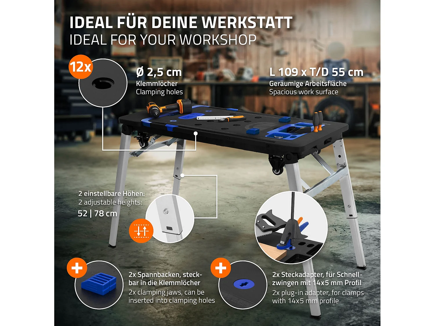 Établi pliable table de travail serrage chariot d'atelier portable réglable 7en1