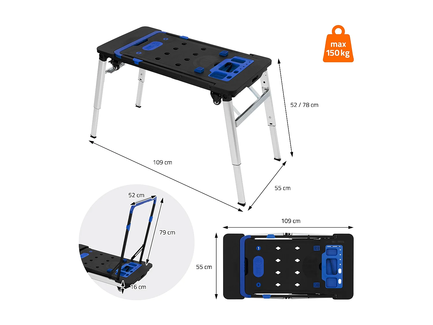 Établi pliable table de travail serrage chariot d'atelier portable réglable 7en1