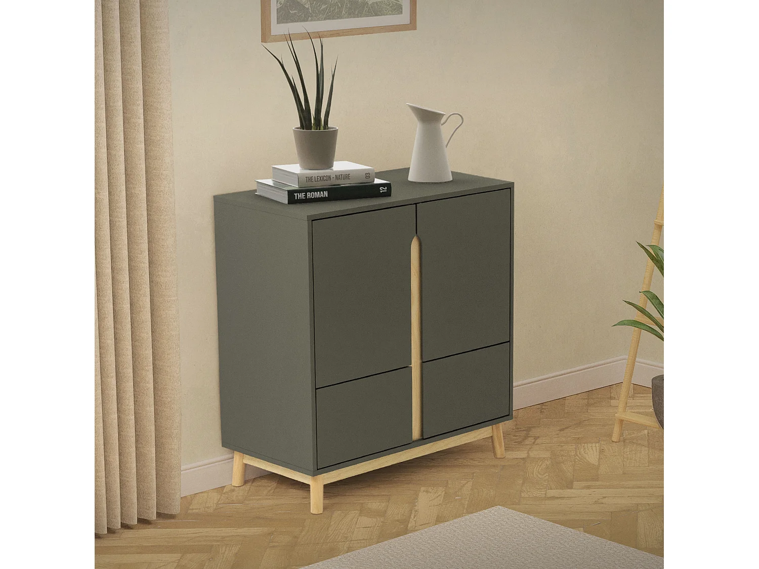 Credenza alta in MDF verde naturale con 4 ante 80x40x86 cm cassettiera a 4 ante