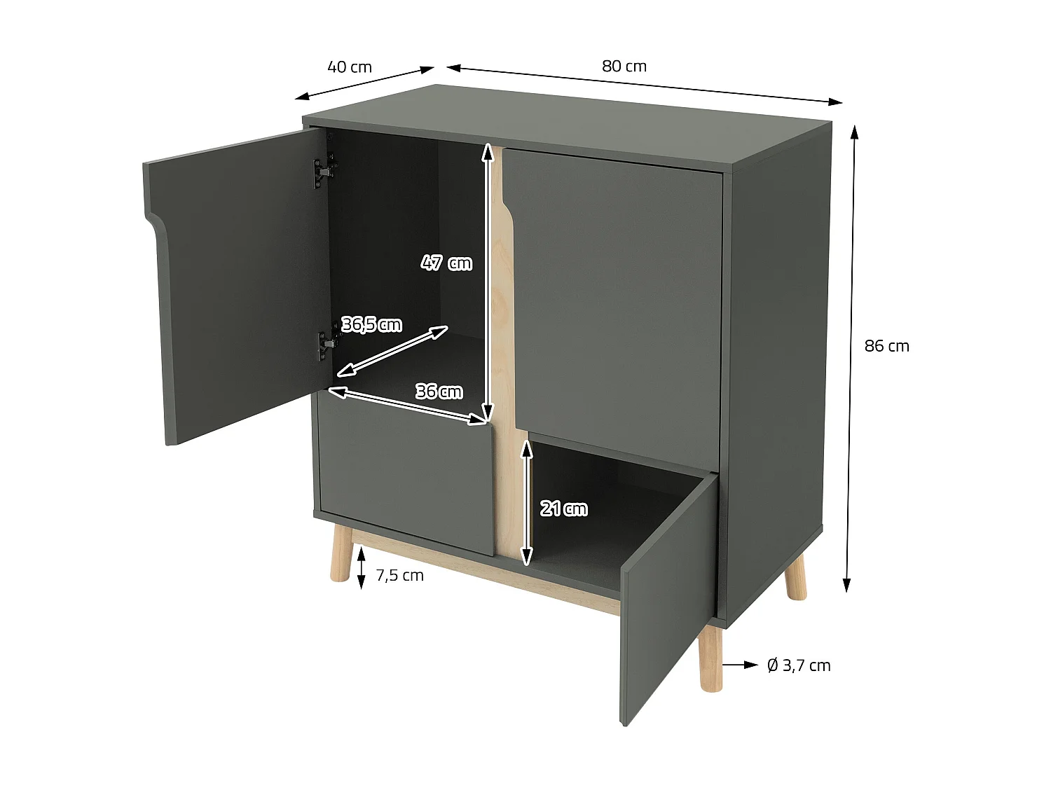 Commode vert mat 80x40x86 cm sideboard avec 4 compartiments de salon entrée