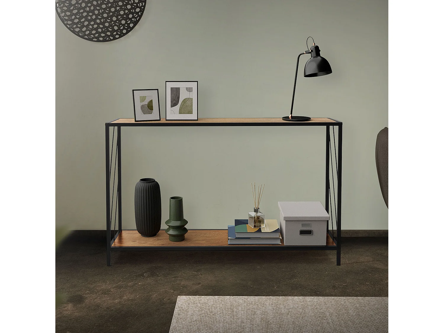 Tavolo consolle tavolino da soggiorno in acciaio e legno rovere rustico 120x75cm