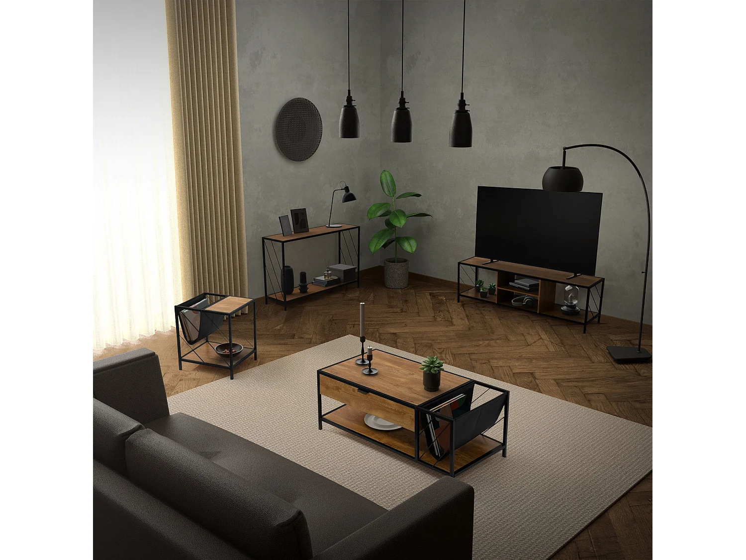 Tavolo consolle tavolino da soggiorno in acciaio e legno rovere rustico 120x75cm