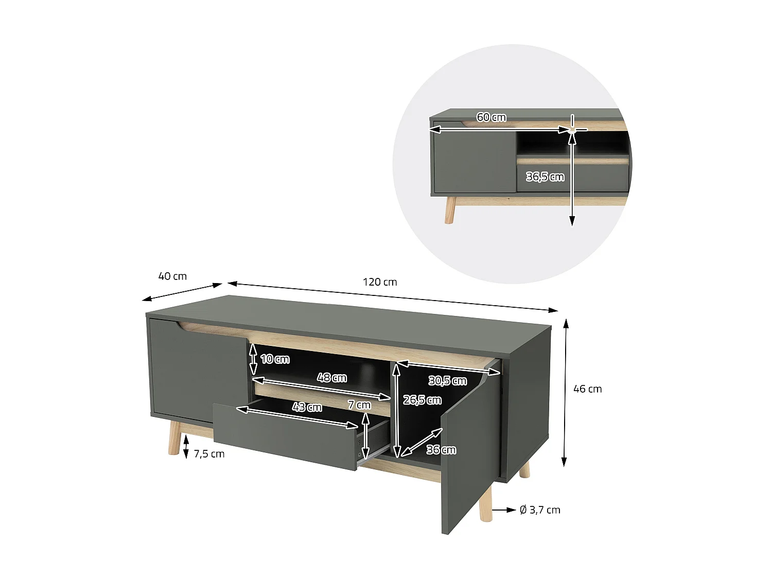 Tavolino TV in legno fino a 55'' pino verde-naturale mobile 120x40cm armadietto