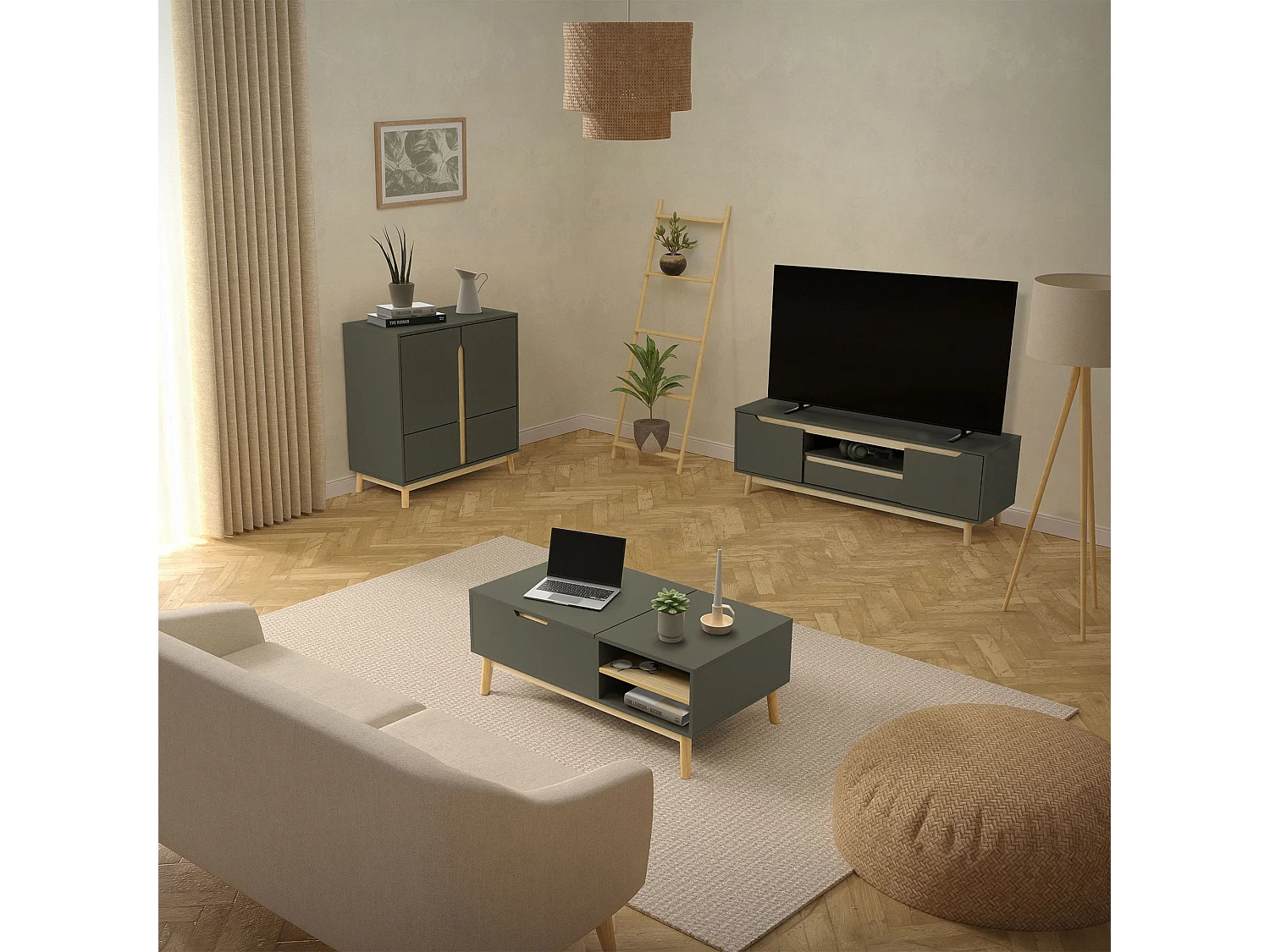 Tavolino TV in legno fino a 55'' pino verde-naturale mobile 120x40cm armadietto