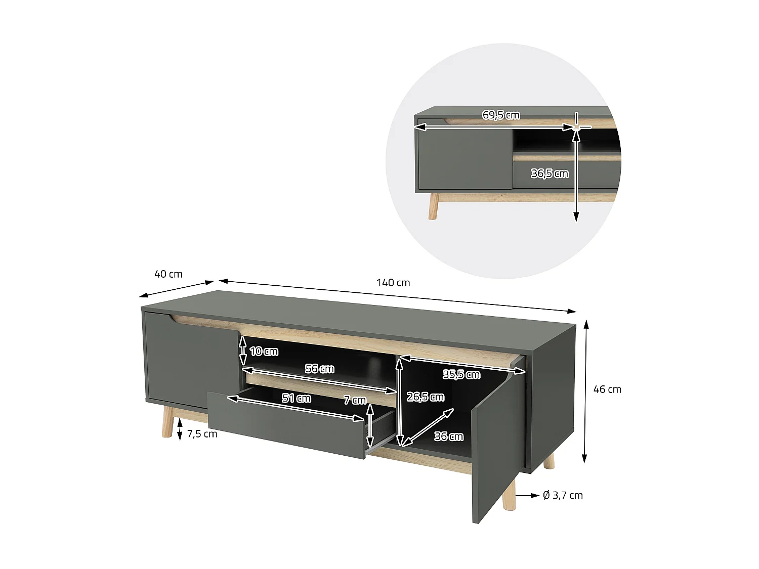 Mesa de TV hasta 65´´ tablero madera pino verde-natural gabinete de pie 140x40cm