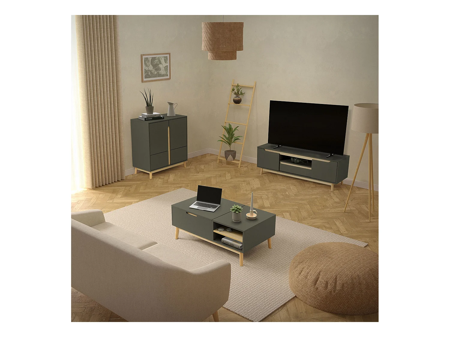Mesa de TV hasta 65´´ tablero madera pino verde-natural gabinete de pie 140x40cm