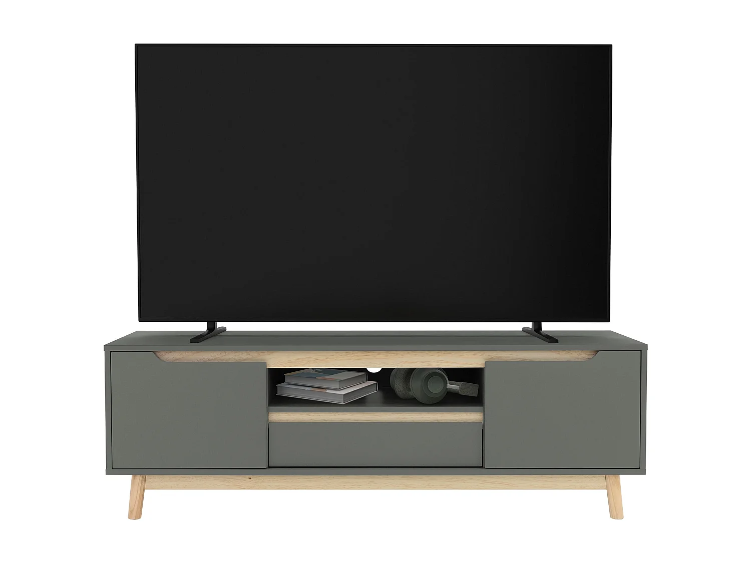 Table basse TV armoire vert-naturel 2 portes tiroir étagère commode 140x40x46cm