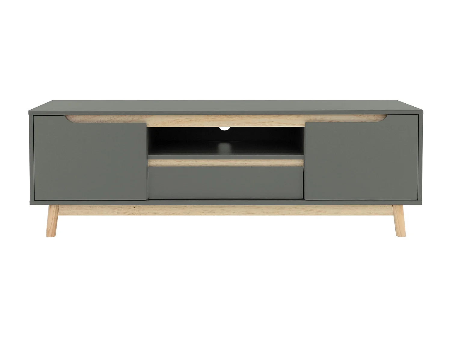 Table basse TV armoire vert-naturel 2 portes tiroir étagère commode 140x40x46cm