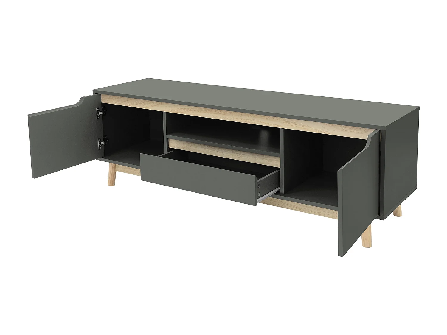 Table basse TV armoire vert-naturel 2 portes tiroir étagère commode 140x40x46cm