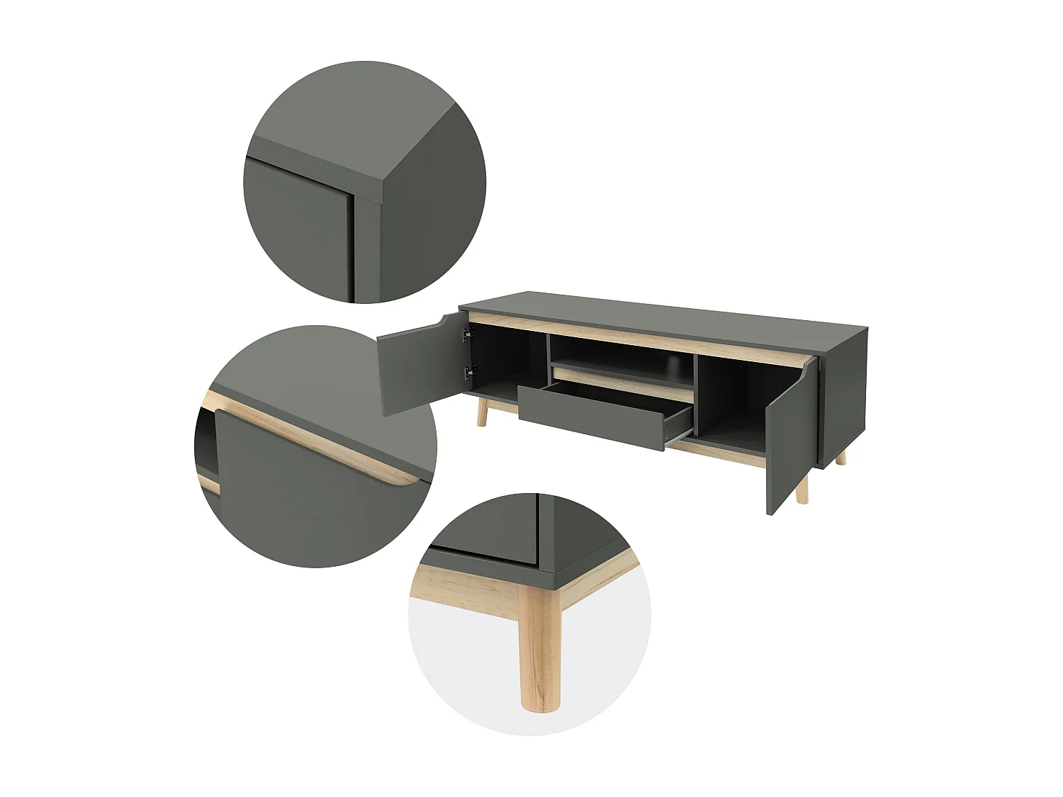 Table basse TV armoire vert-naturel 2 portes tiroir étagère commode 140x40x46cm