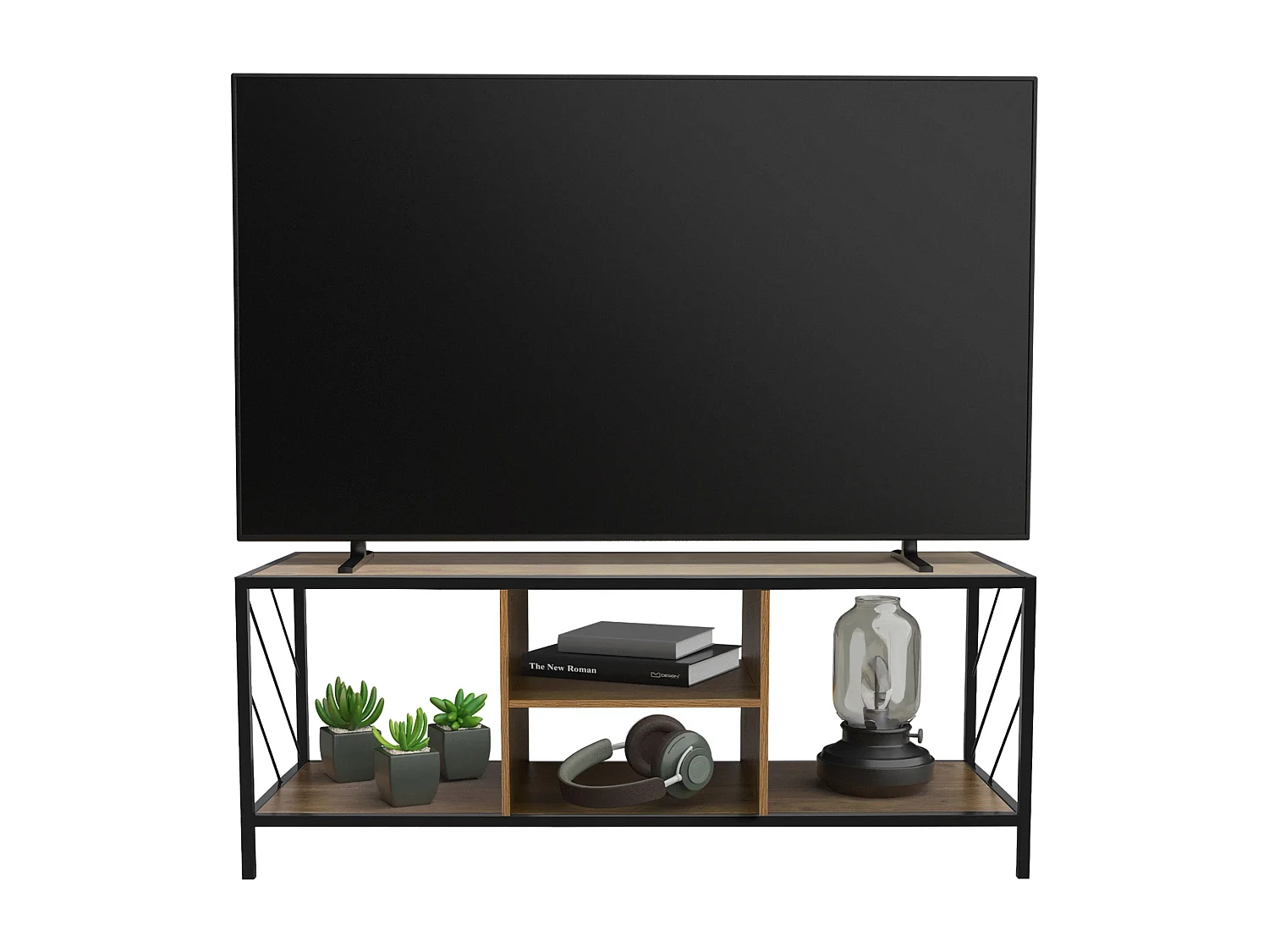 Buffet TV en bois brun chêne rustique 120x40x46 cm 4 compartiments commode salon