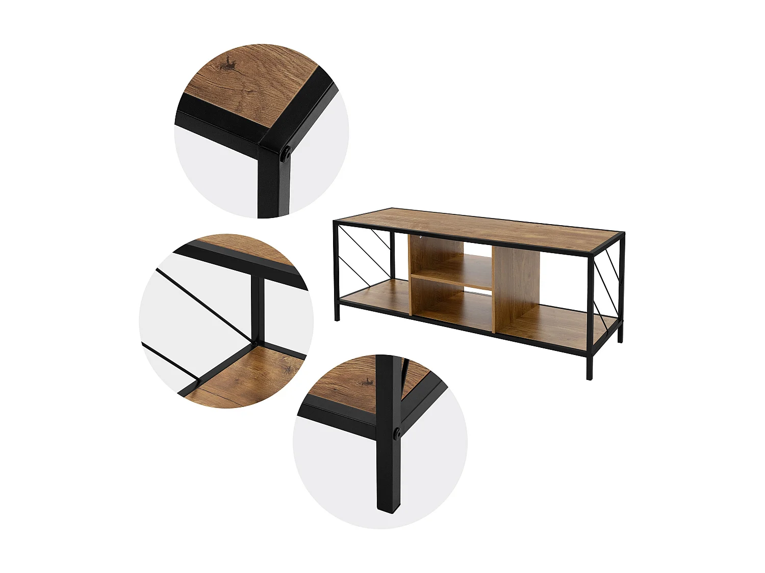 Buffet TV en bois brun chêne rustique 120x40x46 cm 4 compartiments commode salon