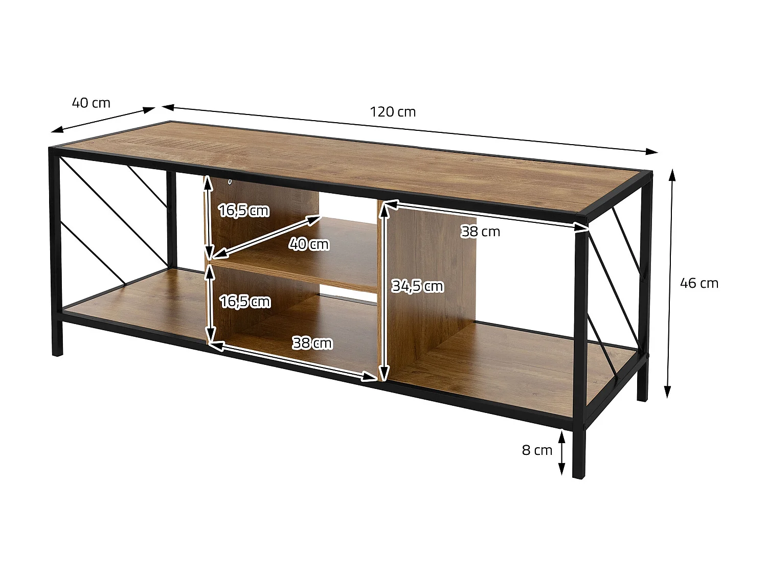 Buffet TV en bois brun chêne rustique 120x40x46 cm 4 compartiments commode salon
