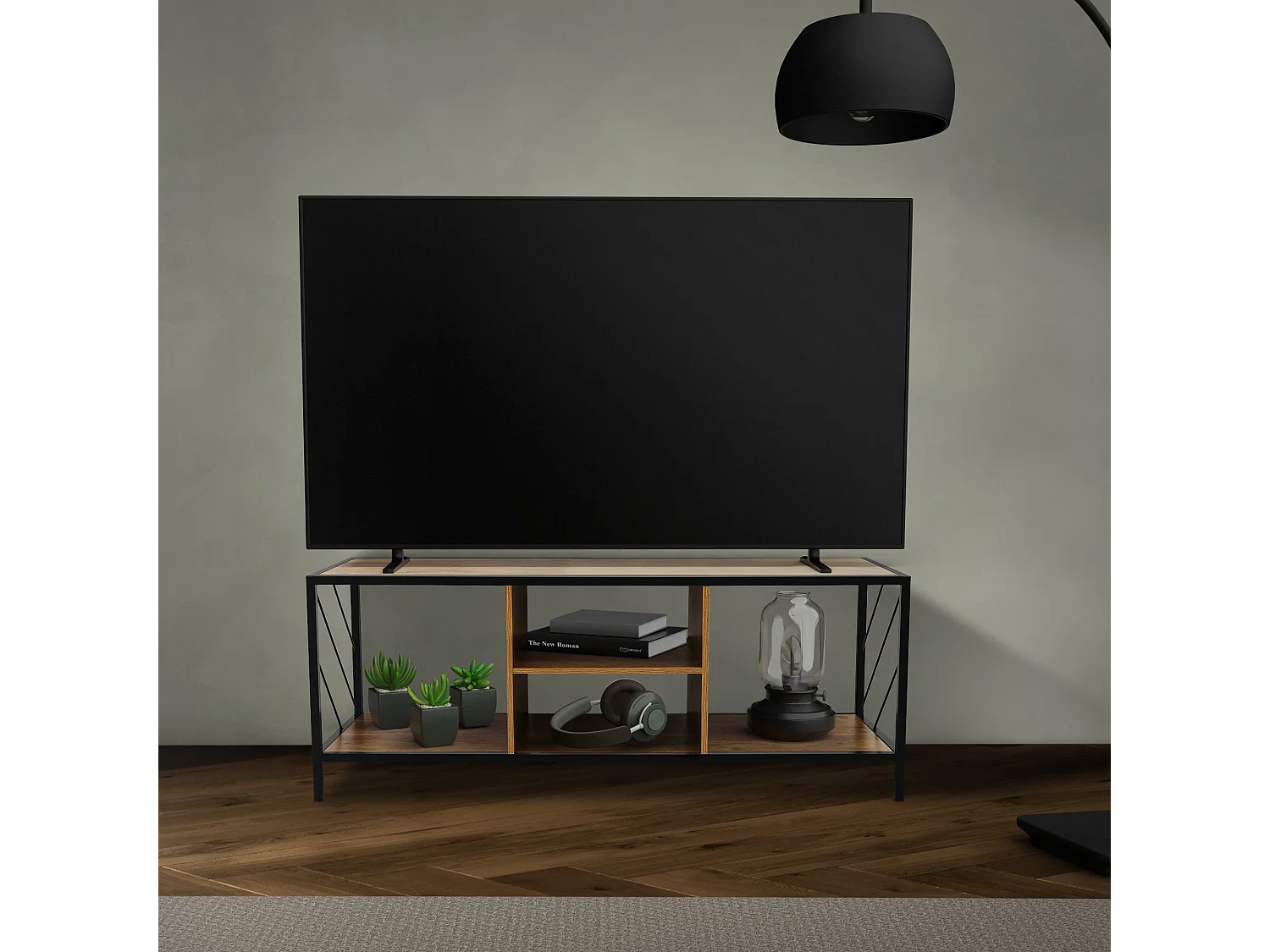 Buffet TV en bois brun chêne rustique 120x40x46 cm 4 compartiments commode salon