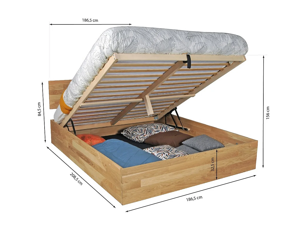 Lit coffre 180x200cm MILO avec tête de lit + sommier/ Chêne massif huilé