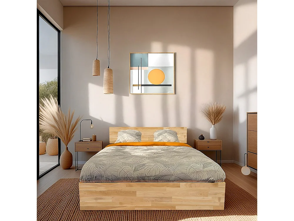 Lit coffre 180x200cm MILO avec tête de lit + sommier/ Chêne massif huilé