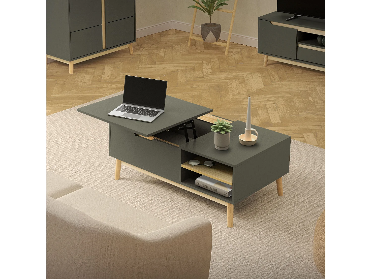 Mesa de centro verde-natural mueble de salón regulable en altura 100x56x40 cm