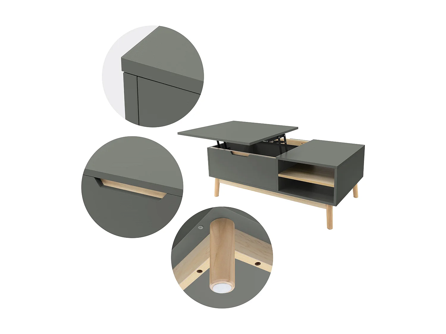 Mesa de centro verde-natural mueble de salón regulable en altura 100x56x40 cm