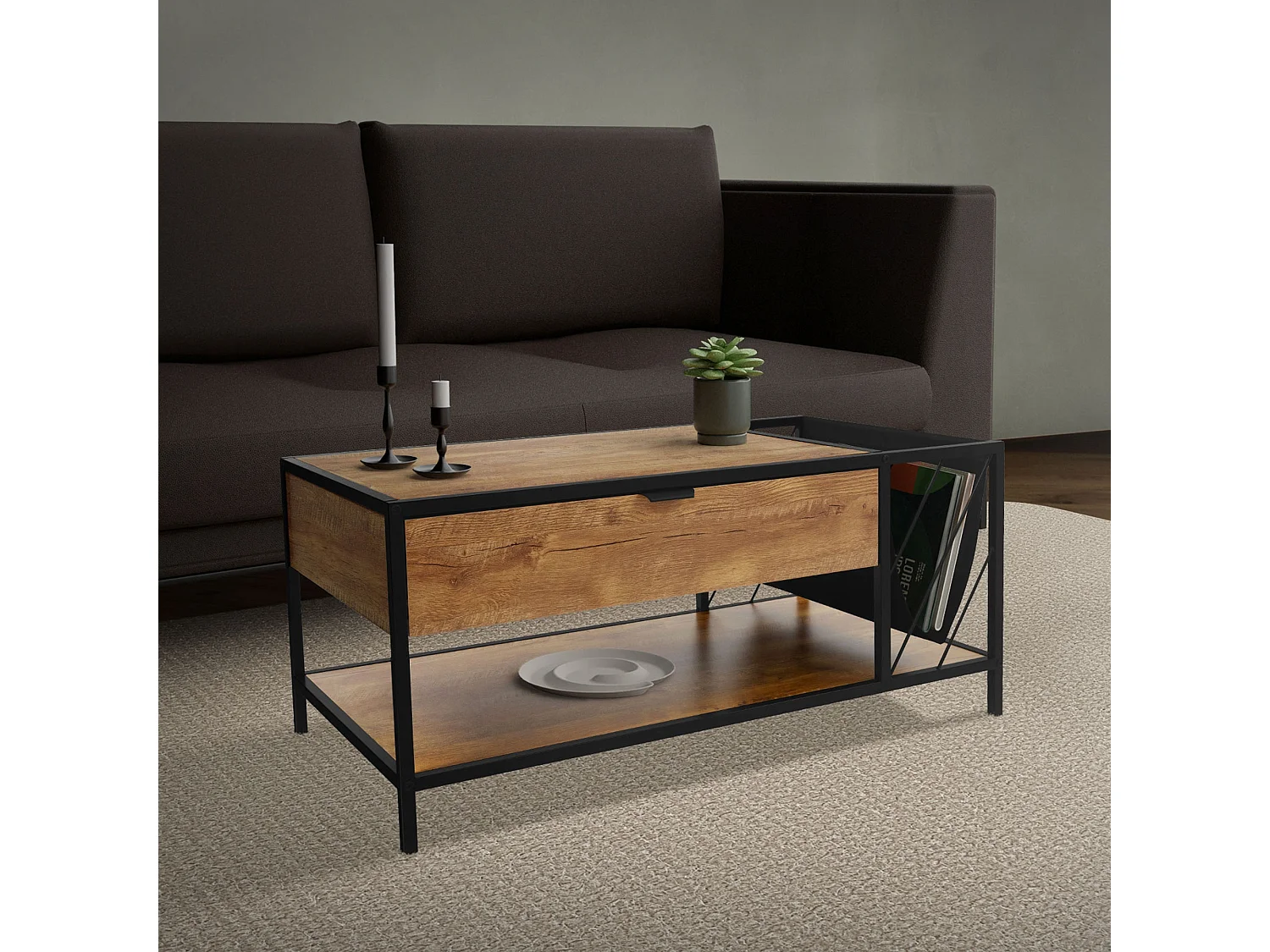 Table basse avec tiroir et porte-revues Table de salon marron 100x54x45cm