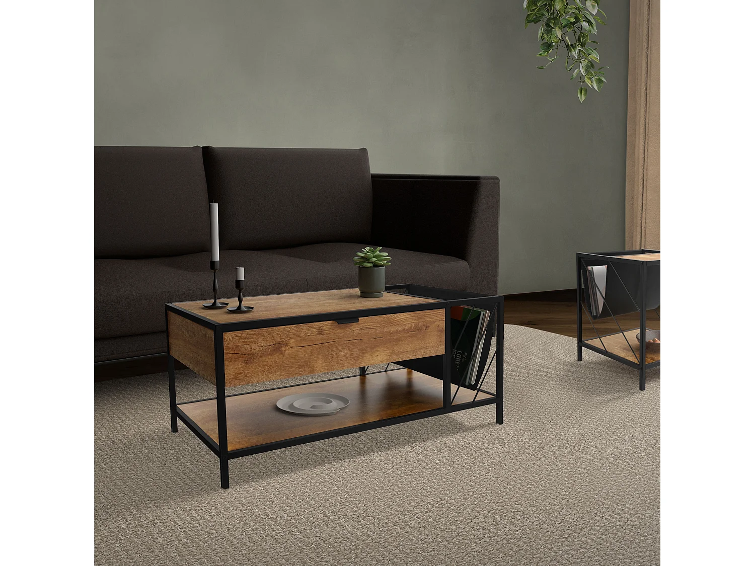 Table basse avec tiroir et porte-revues Table de salon marron 100x54x45cm