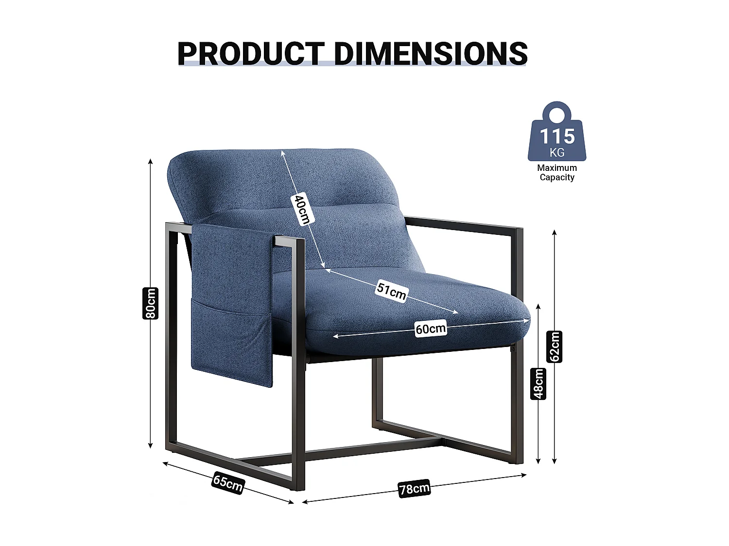 Contecutivi soggiorno soggiorno a sherpa - con sedile spessa e piede in metallo - ergonomico - profondità di sedile da 51 cm - blu