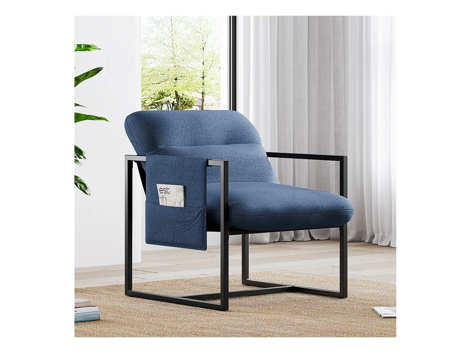Bequemer Wohnzimmer Sessel in Sherpa - mit dickem Sitz und Metallfuß - ergonomisch - 51 cm Sitztiefe - Blau
