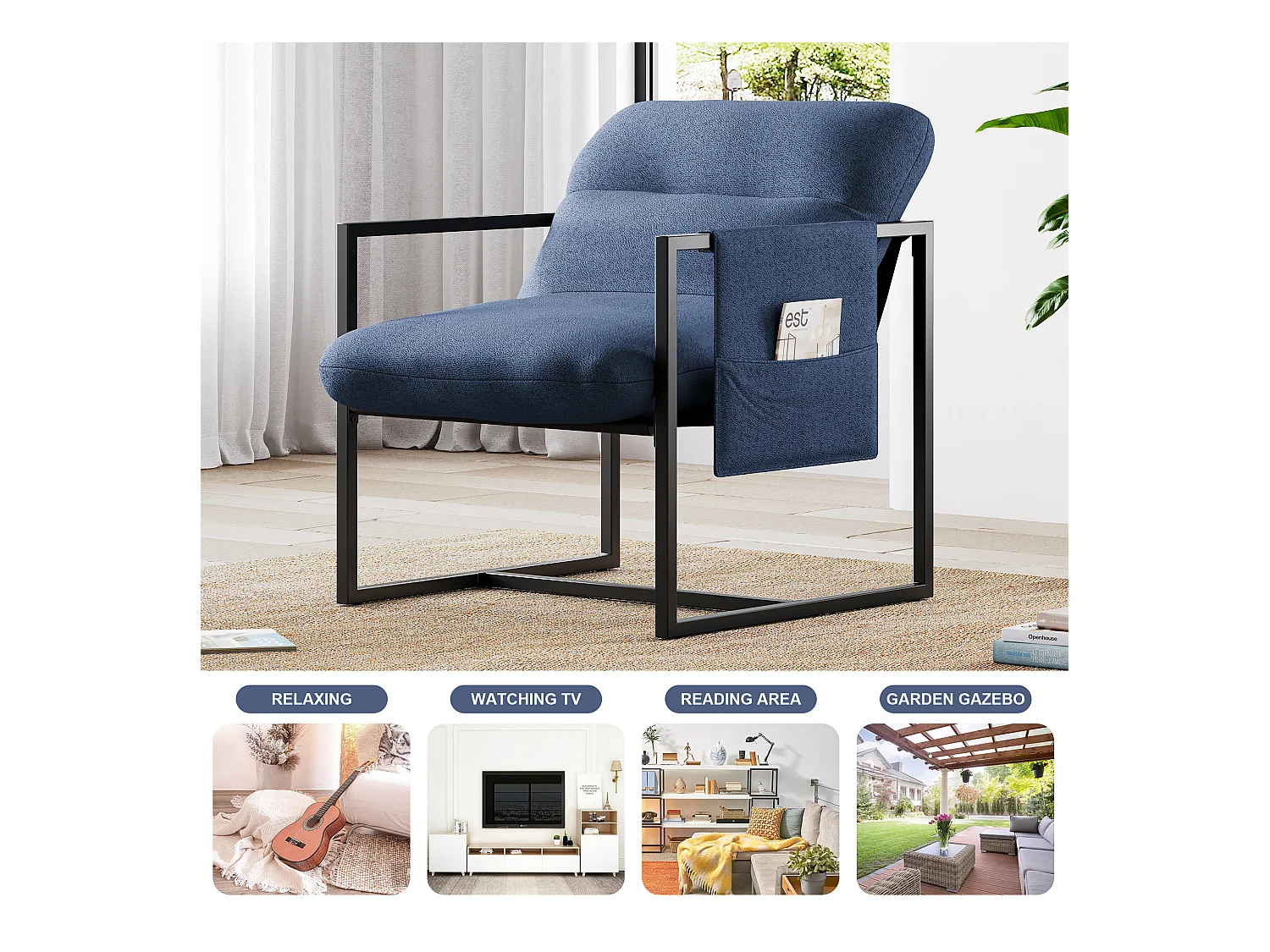 Comfortabele Sherpa Woonkamerfauteuil - met Dikke Zitting en Metalen Poot - ergonomisch - zitdiepte 51cm - Blauw