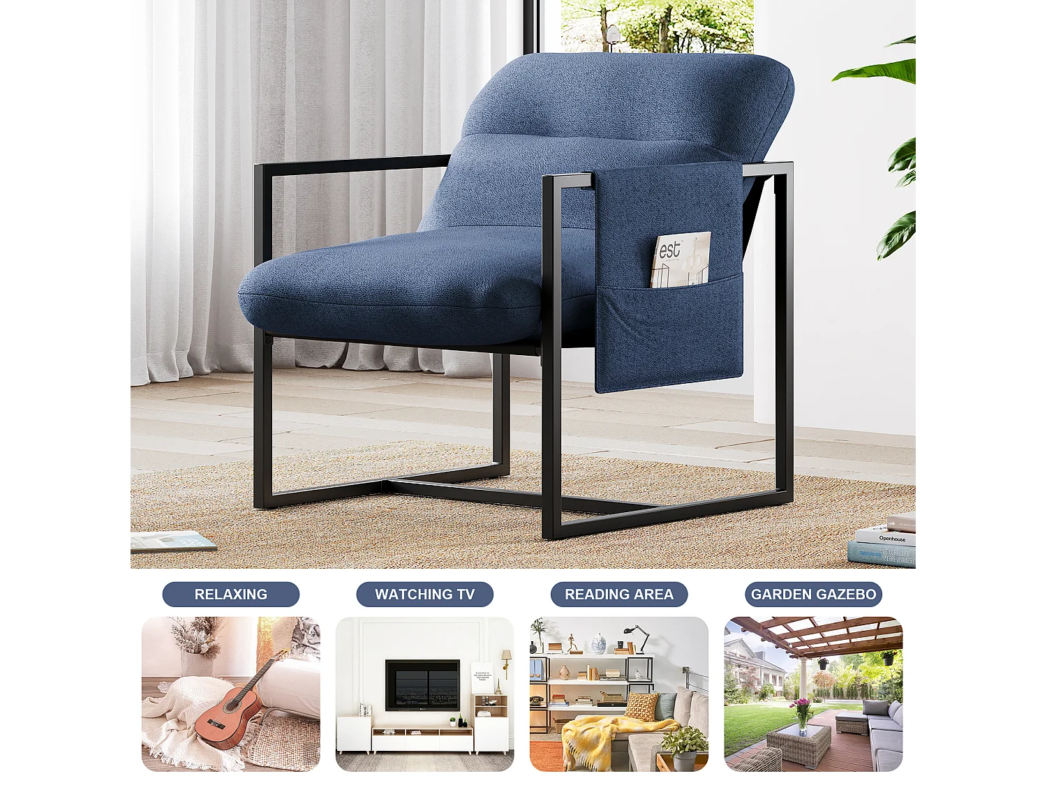 Fauteuil de Salon Confortable en sherpa - avec Siège Épais et Pied Métal - ergonomique - profondeur d'assise 51cm - Bleu