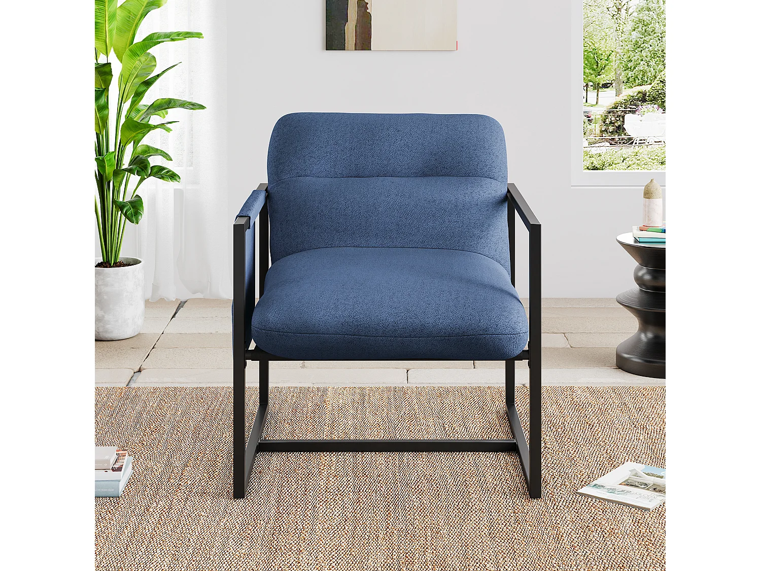 Fauteuil de Salon Confortable en sherpa - avec Siège Épais et Pied Métal - ergonomique - profondeur d'assise 51cm - Bleu