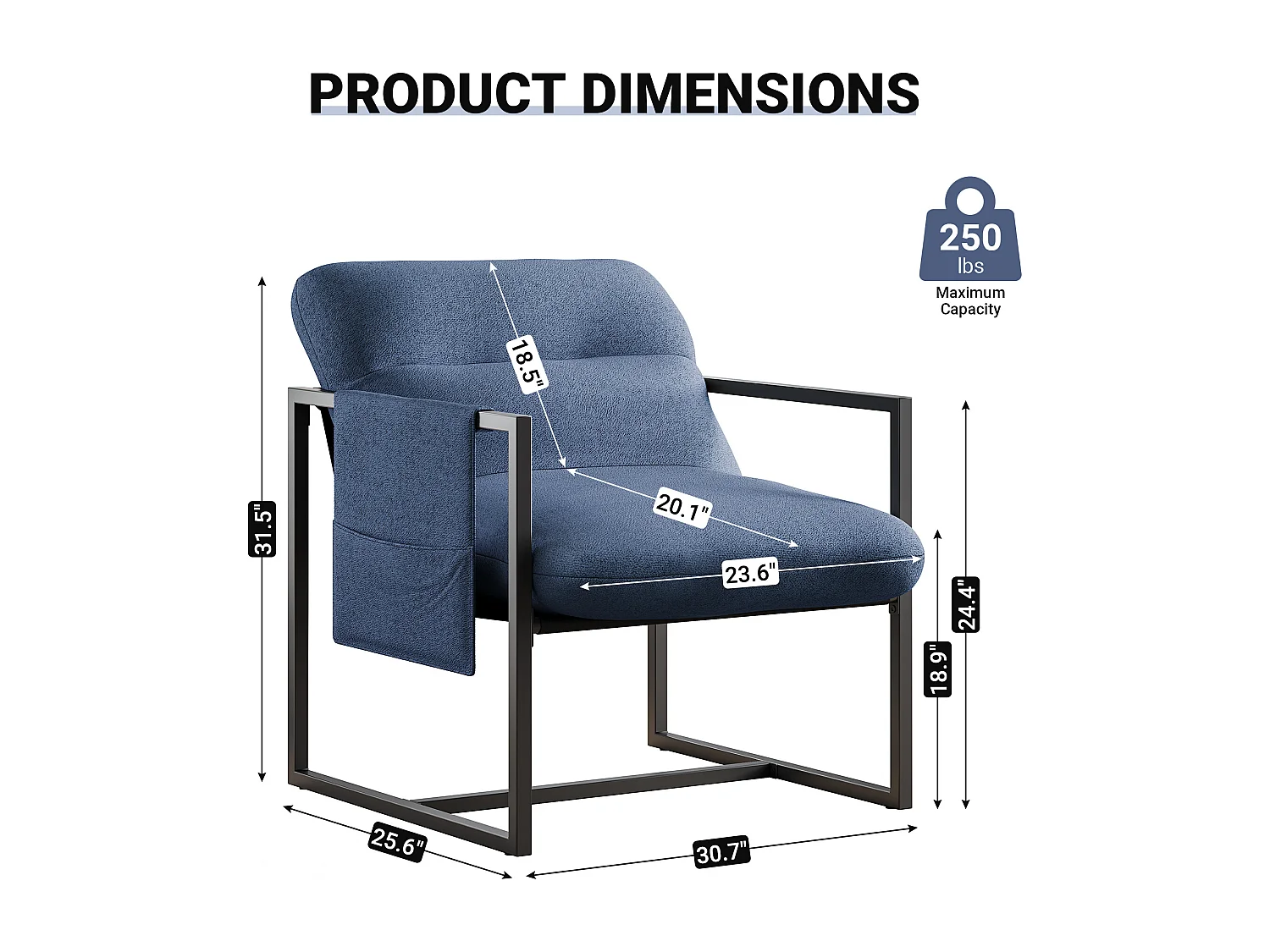 Fauteuil de Salon Confortable en sherpa - avec Siège Épais et Pied Métal - ergonomique - profondeur d'assise 51cm - Bleu