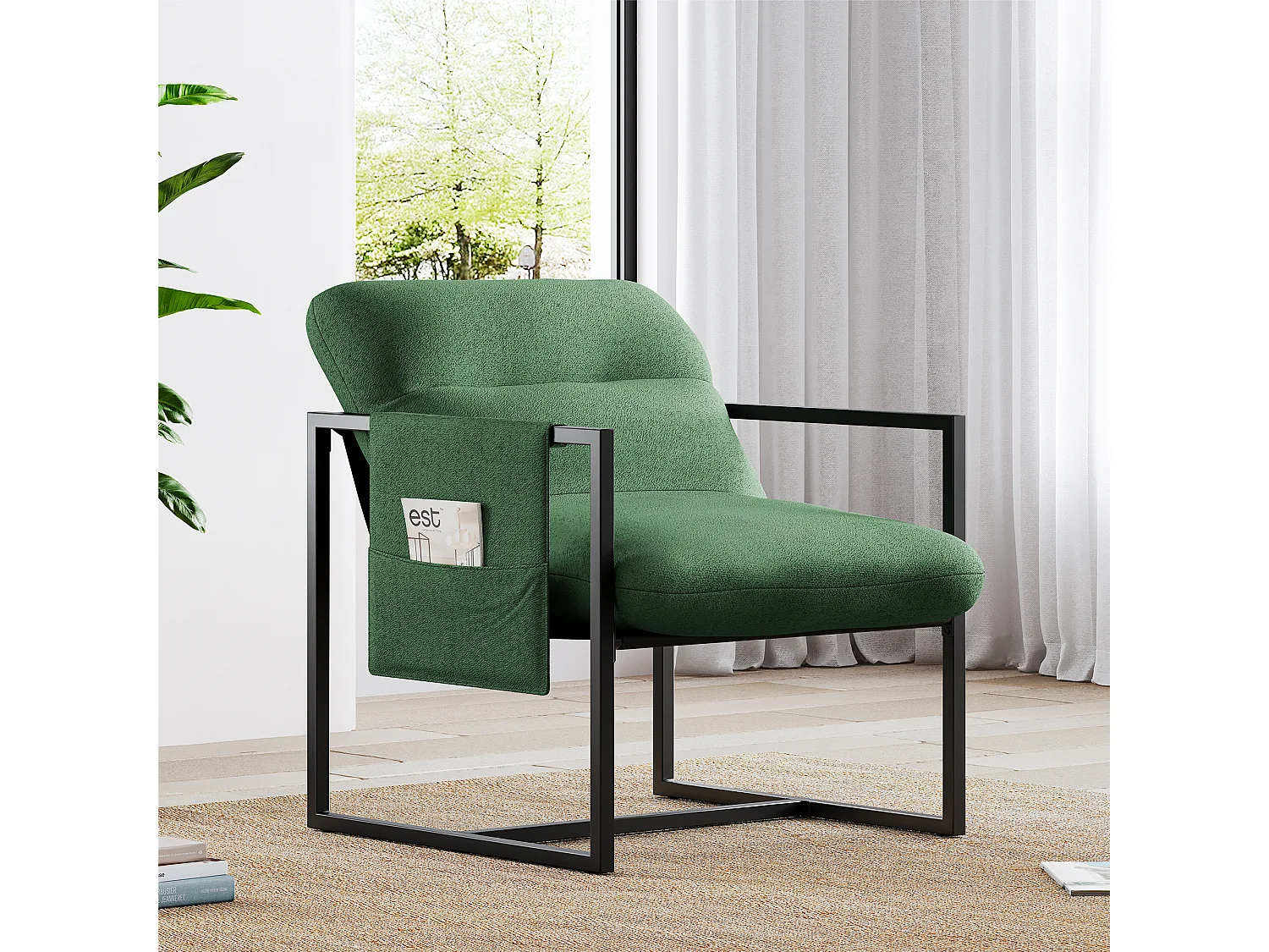 Fauteuil en métal avec tissu sherpa, Chaise de Salon, profondeur d'assise 51cm, pour Salon et Chambre, 78x65x80CM - Vert