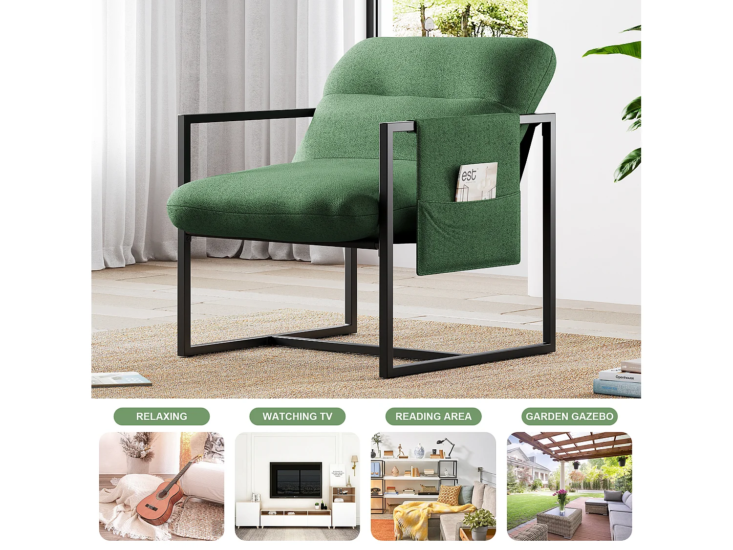 Fauteuil en métal avec tissu sherpa, Chaise de Salon, profondeur d'assise 51cm, pour Salon et Chambre, 78x65x80CM - Vert
