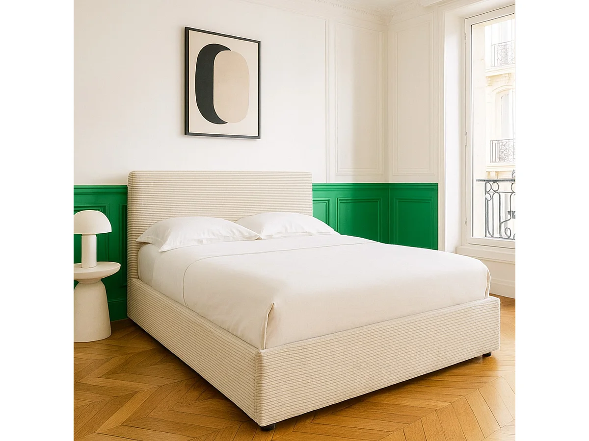 Lit coffre adulte 160x200 cm avec tête de lit matelassée en velours côtelé beige et sommier - Tina