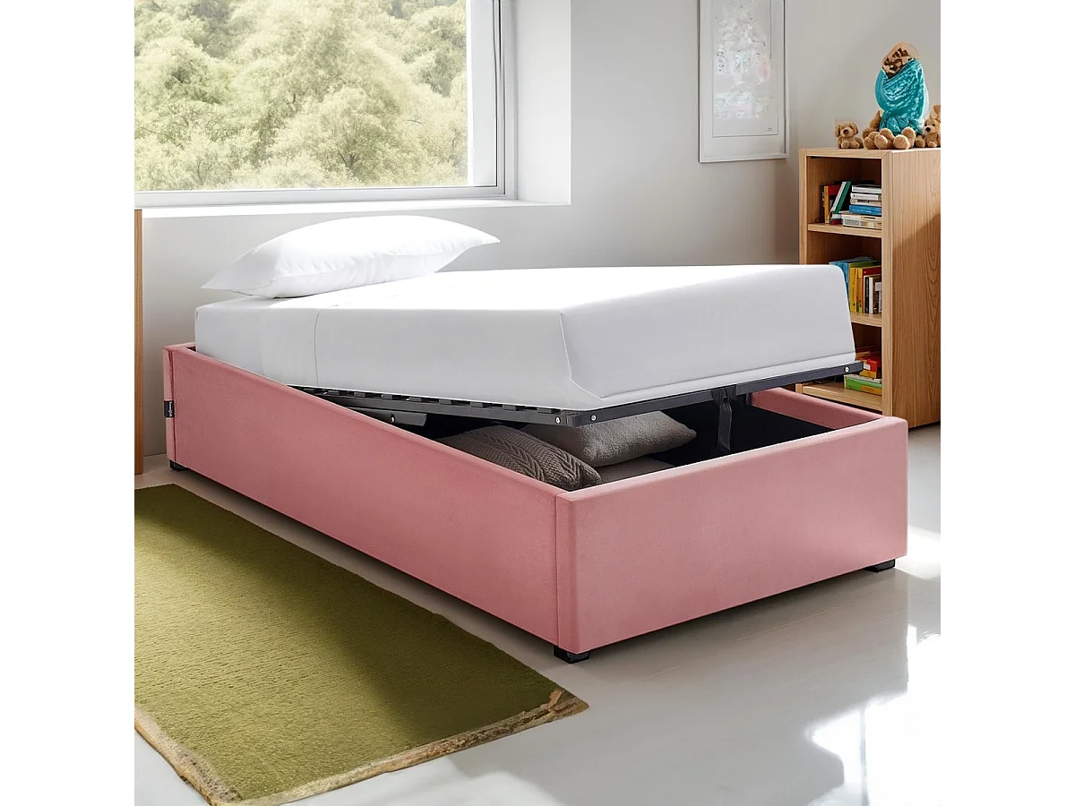 Lit coffre adulte 90x190 cm en velours rose avec sommier - Handy