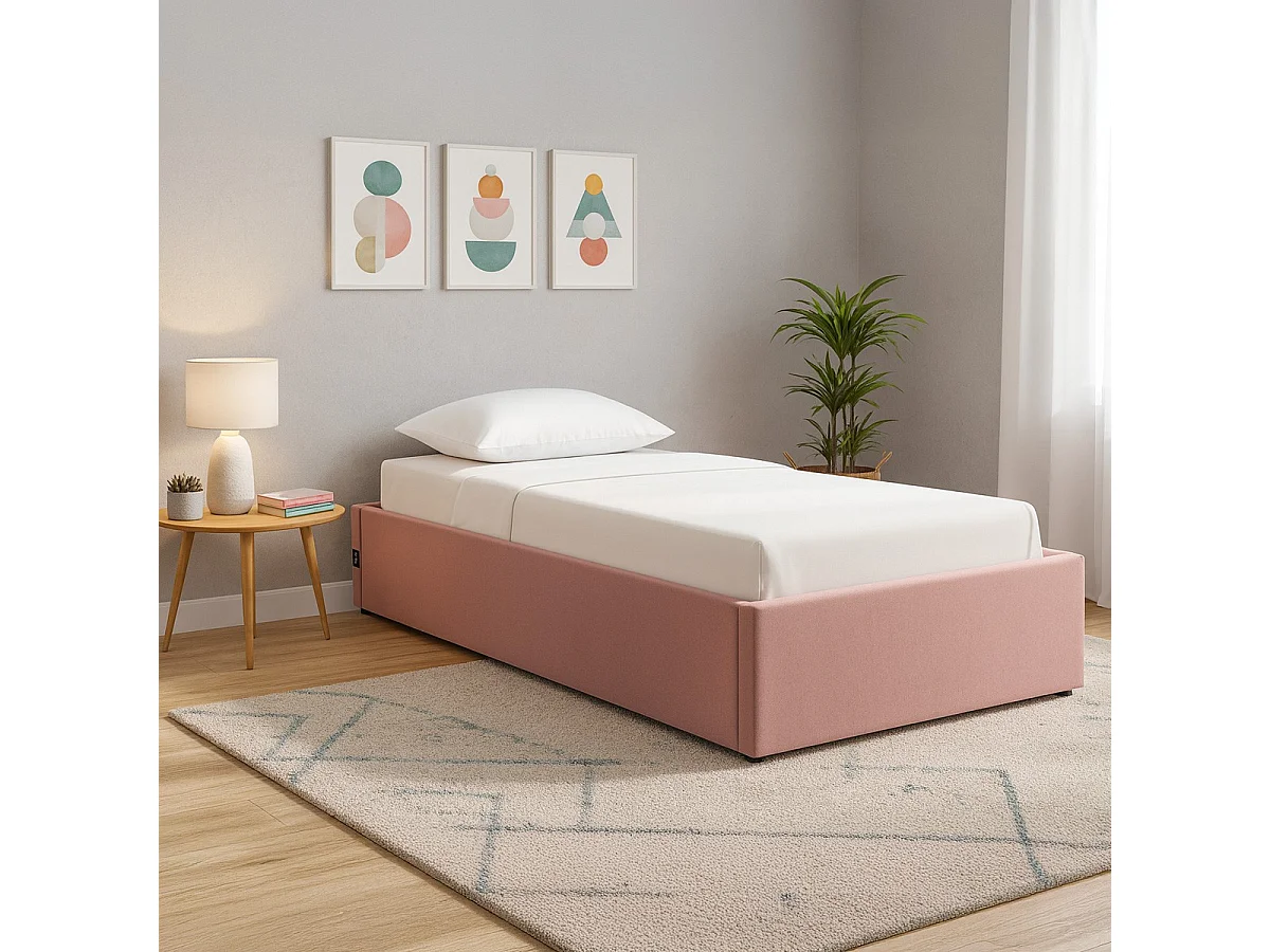 Lit coffre adulte 90x190 cm en velours rose avec sommier - Handy