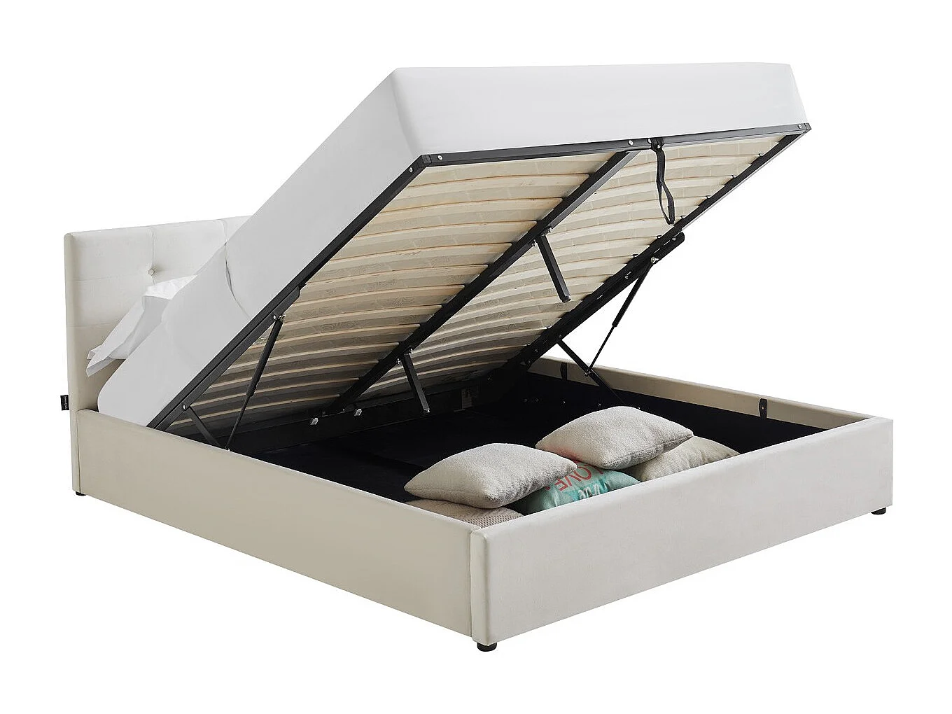 Lit coffre adulte 160x200 cm avec tête de lit matelassée en velours beige et sommier - Tina