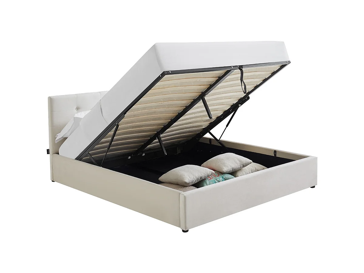 Lit coffre adulte 160x200 cm avec tête de lit matelassée en velours beige et sommier - Tina