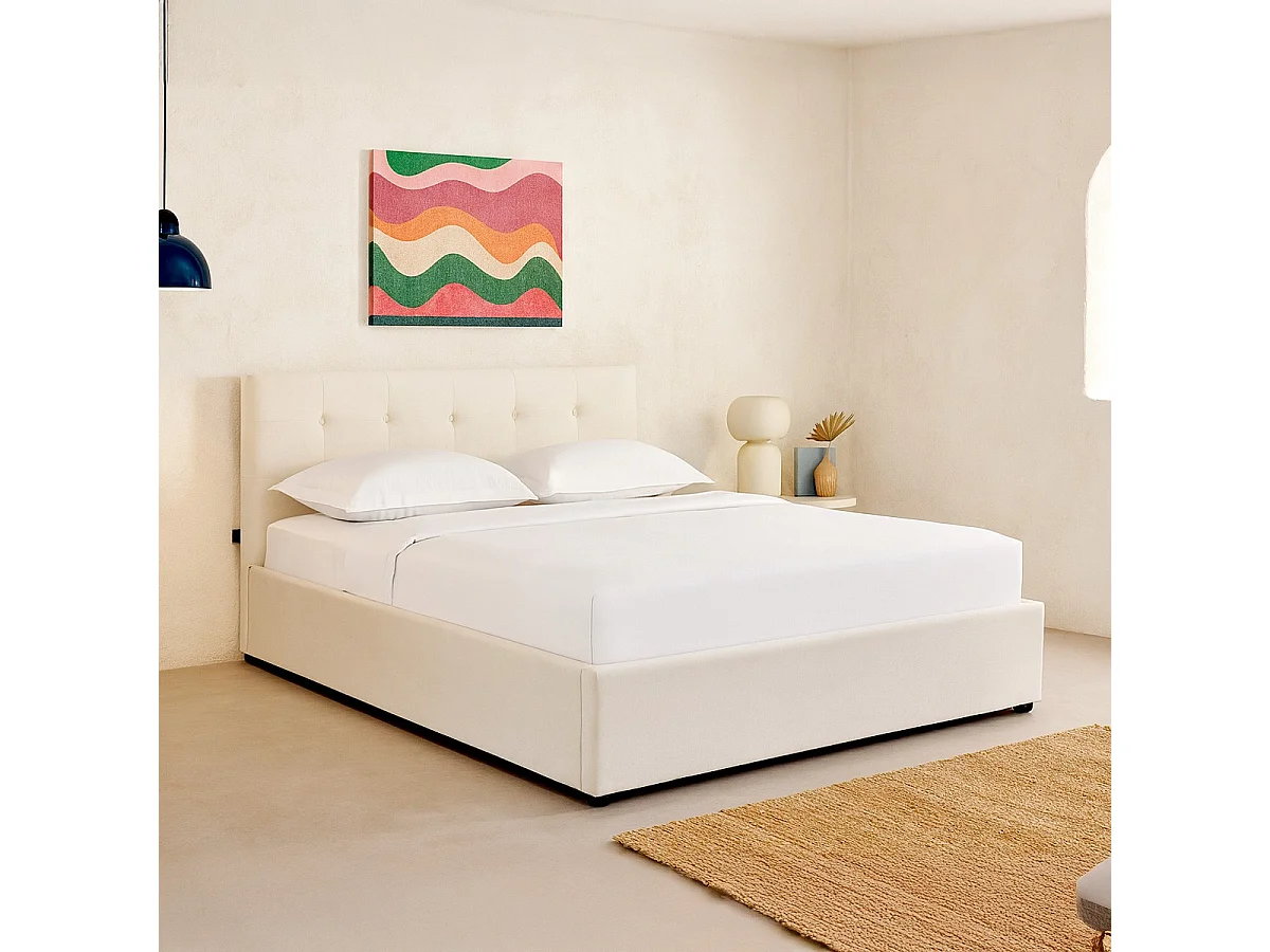 Lit coffre adulte 160x200 cm avec tête de lit matelassée en velours beige et sommier - Tina