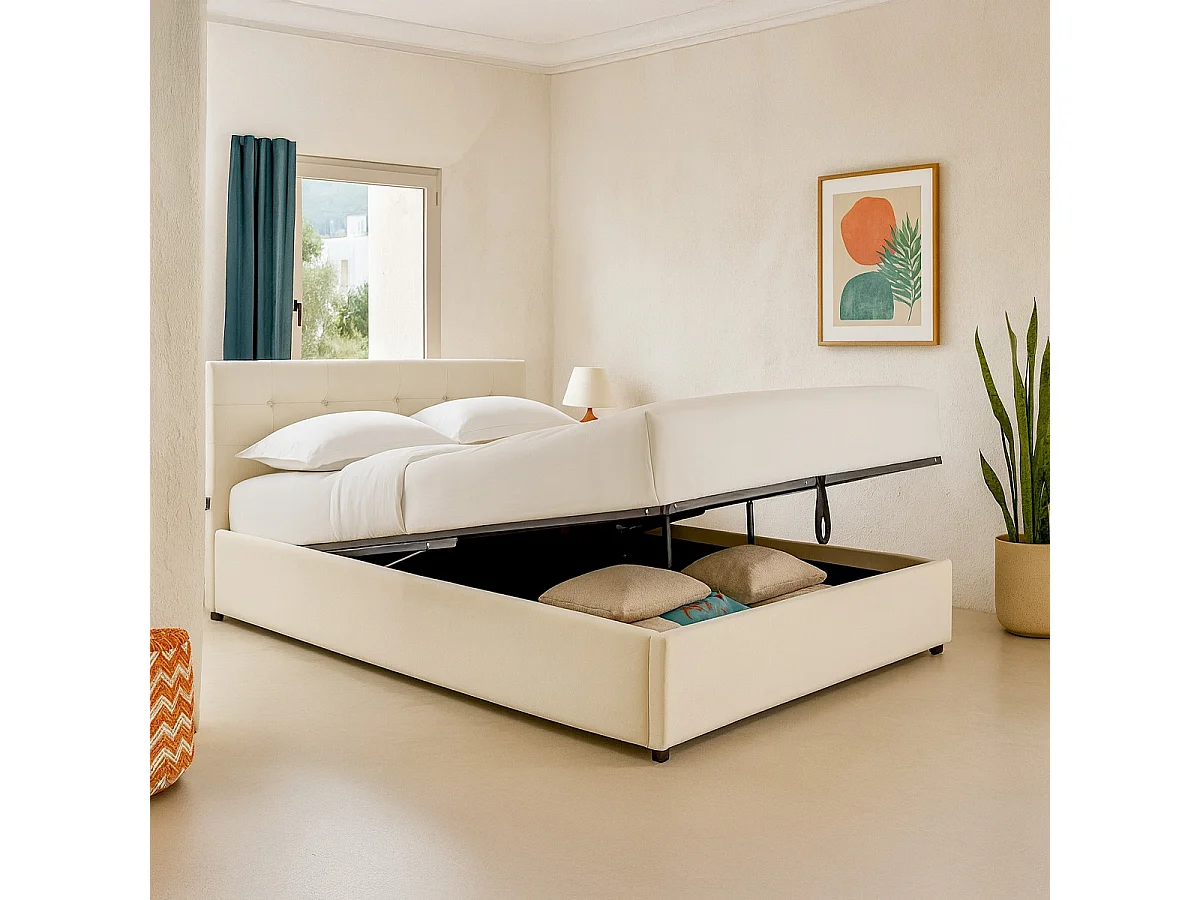 Lit coffre adulte 140x190 cm avec tête de lit matelassée en velours beige et sommier - Tina