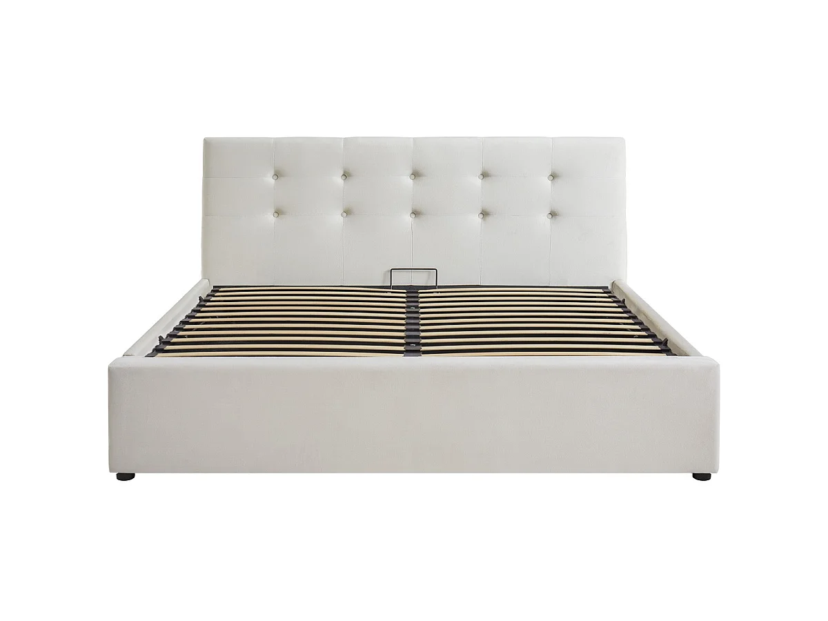 Lit coffre adulte 140x190 cm avec tête de lit matelassée en velours beige et sommier - Tina