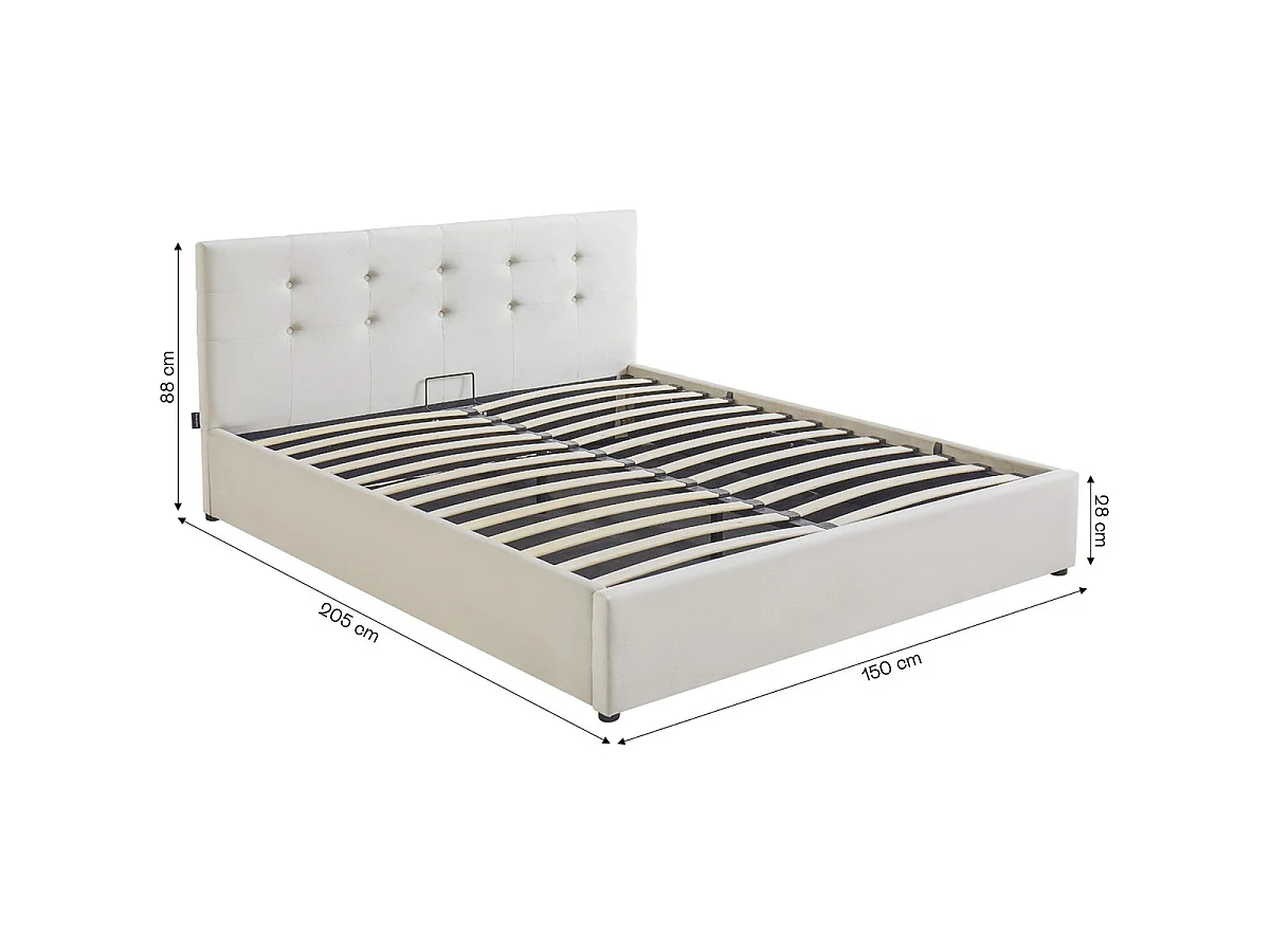 Lit coffre adulte 140x190 cm avec tête de lit matelassée en velours beige et sommier - Tina