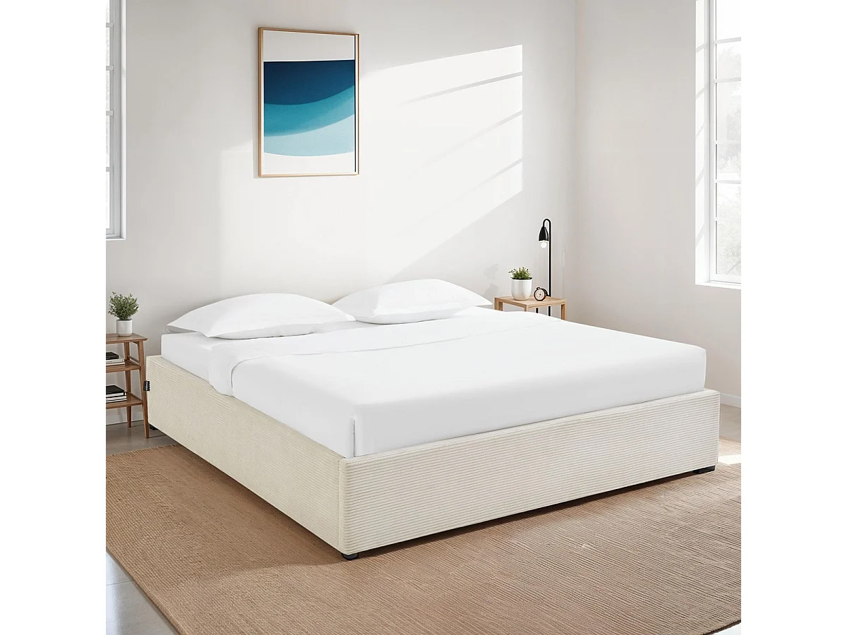 Lit coffre adulte 180x200 cm en velours côtelé beige avec sommier - Handy