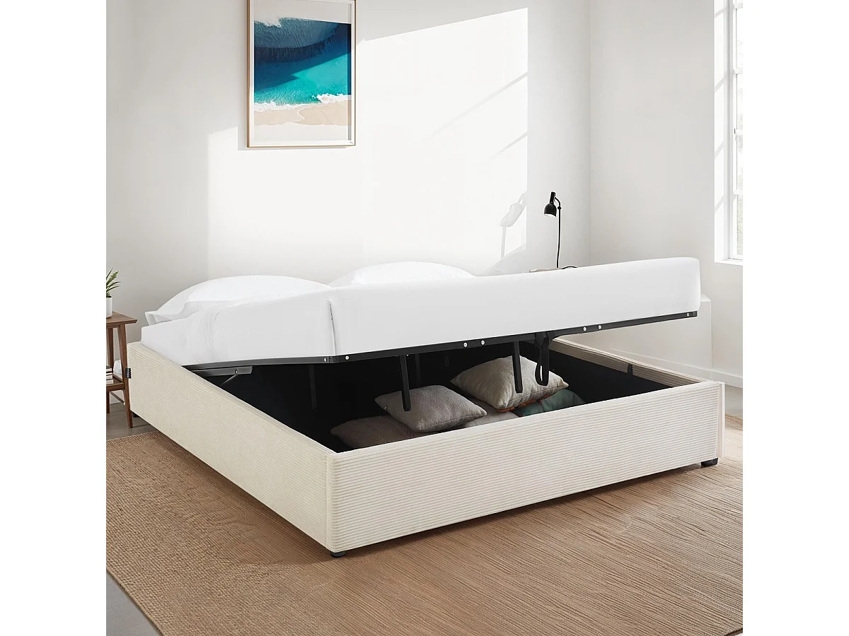 Lit coffre adulte 180x200 cm en velours côtelé beige avec sommier - Handy