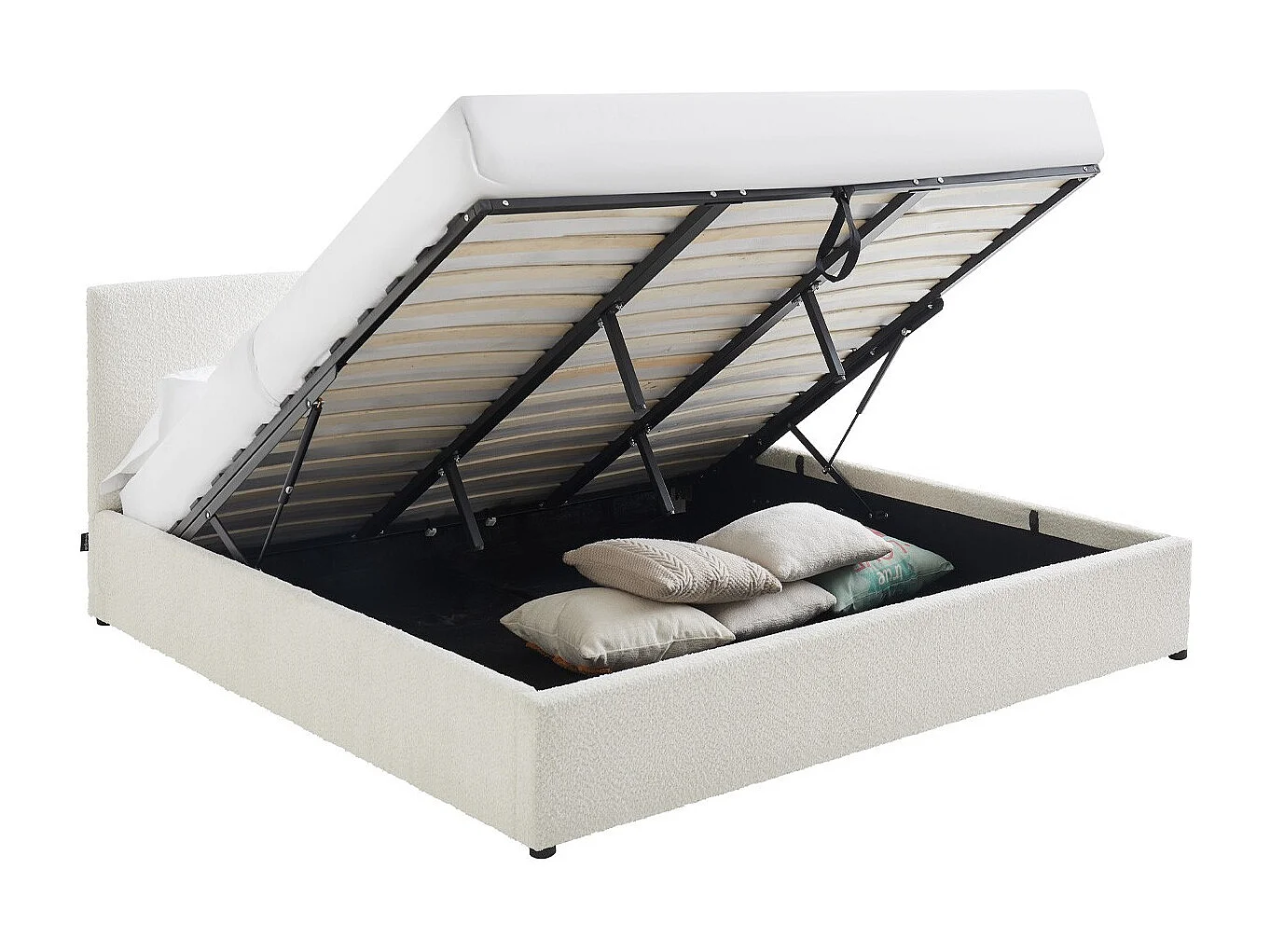 Lit coffre adulte 180x200 cm avec tête de lit matelassée en tissu bouclé beige et sommier - Tina