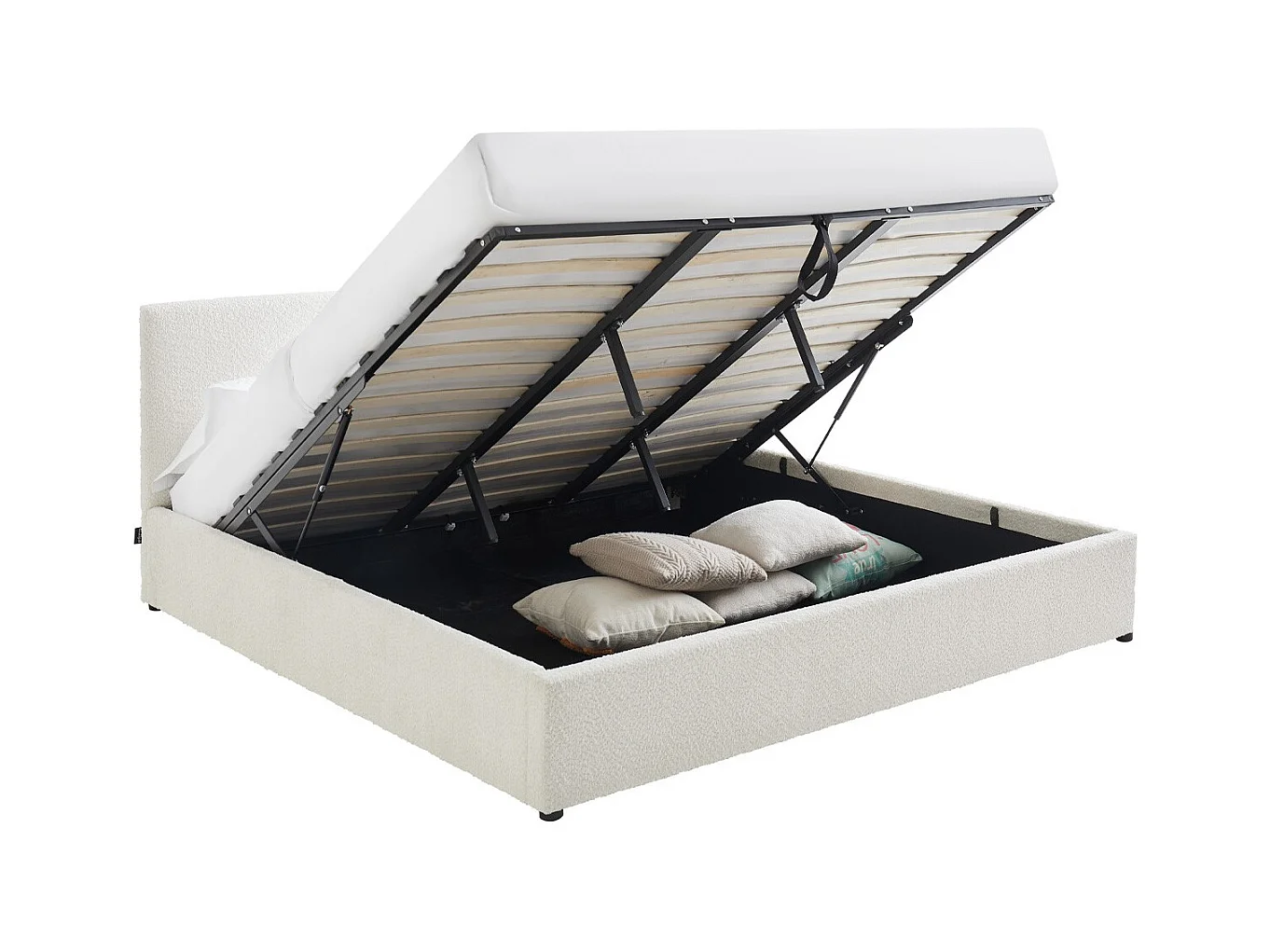 Lit coffre adulte 180x200 cm avec tête de lit matelassée en tissu bouclé beige et sommier - Tina