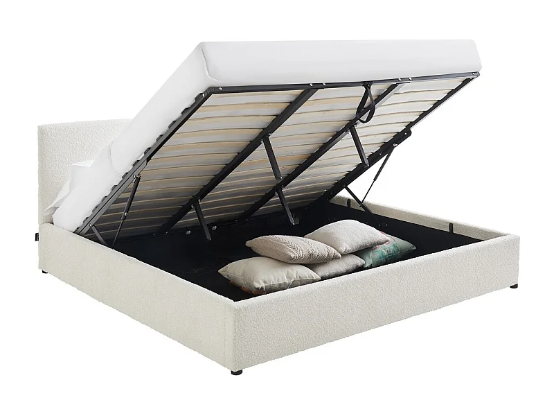 Lit coffre adulte 180x200 cm avec tête de lit matelassée en tissu bouclé beige et sommier - Tina