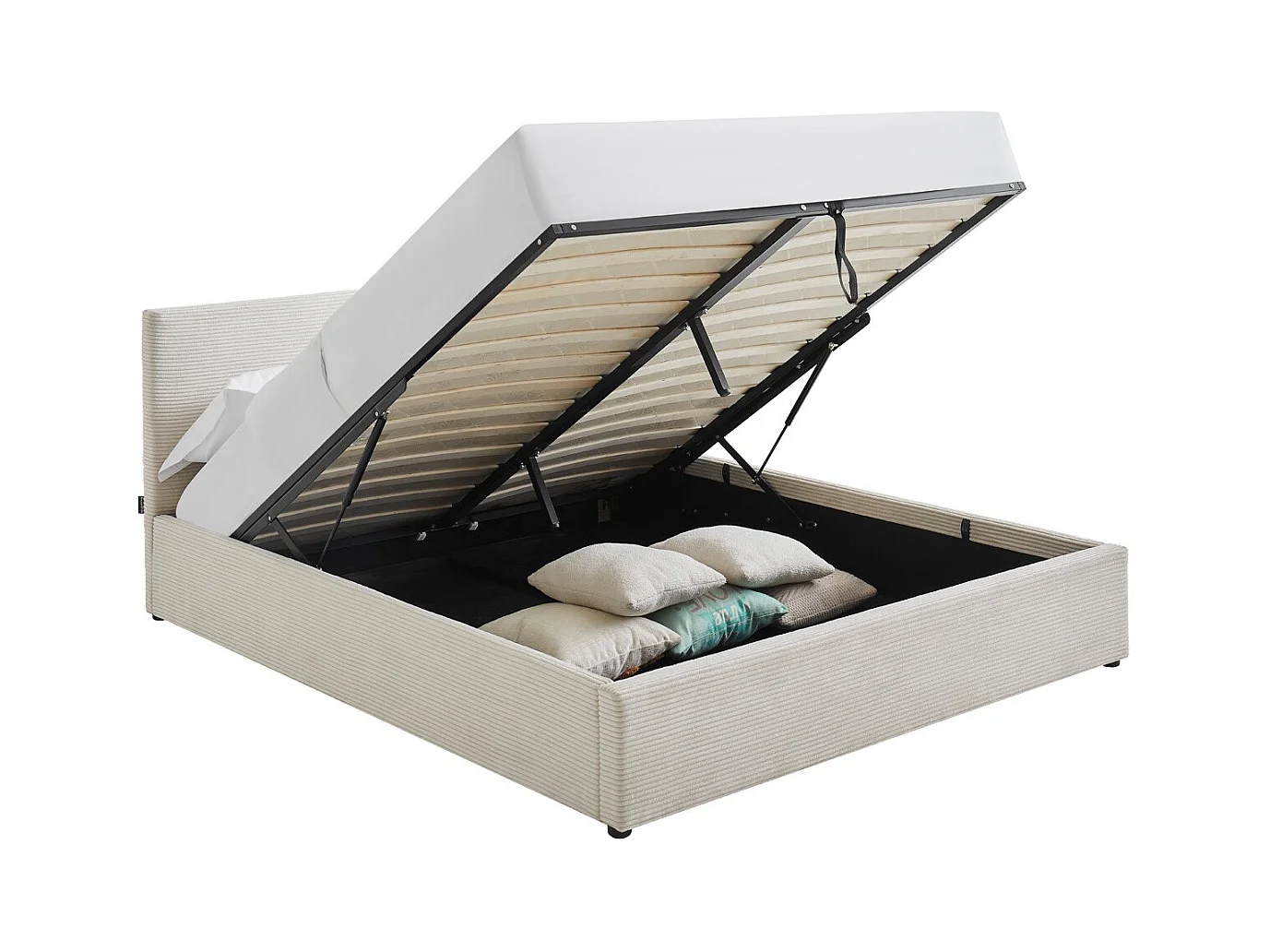Lit coffre adulte 140x190 cm avec tête de lit matelassée en velours côtelé beige et sommier - Tina