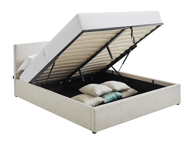 Lit coffre adulte 140x190 cm avec tête de lit matelassée en velours côtelé beige et sommier - Tina